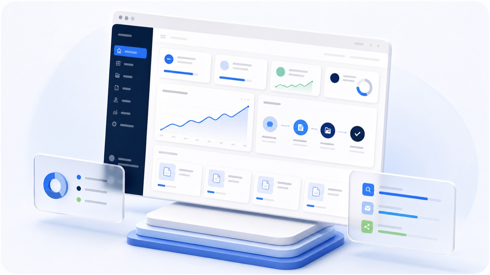 Illustrative three-dimensional software dashboard with abstract charts, enquiry stages and matter cards